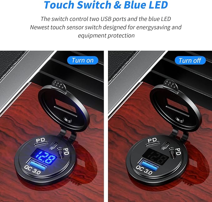 2 Pack 12V USB Outlet Wire Charger Multi Port, 108W Dual PD & QC 3.0 Car Port Socket with Power Switch, USB C Cigarette Lighter Replacement 12 Volt Socket with Voltmeter Waterproof for Marine Boat RV