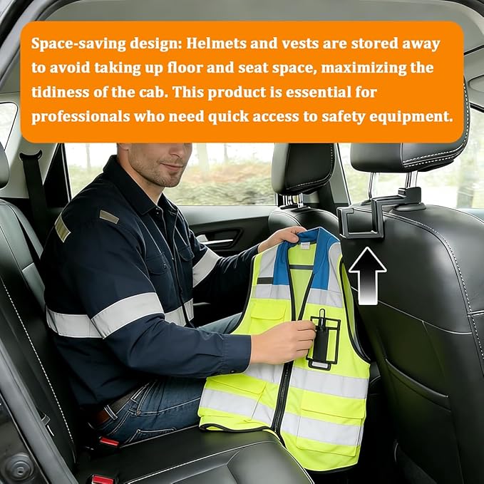 Car Seat Hard Hat Holder, Vehicle Seat Back Headrest Hook to Keep Safety Vest Helmet Cap Bag, Automotive Backseat Hanger Hard Hat Organizer, Universal for SUV Van Truck