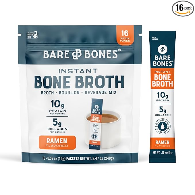 Bare Bones Ramen Bone Broth Instant Powdered Mix Packets | 5g Collagen | 10g Protein | Keto & Paleo Friendly | No Artificial Flavors | Non-GMO, Gluten-Free, Dairy-Free Rich Savory on-the-go 16 Pack