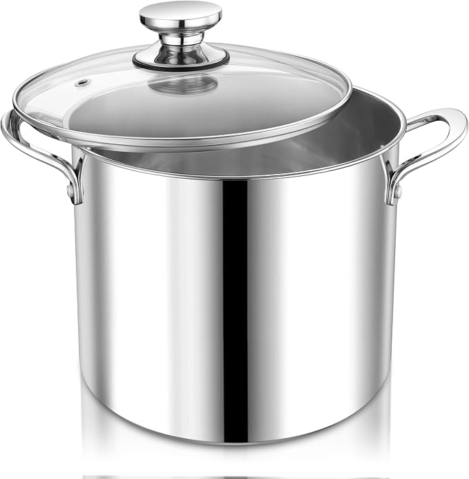 P&P CHEF 10 Quart Stainless Steel Stock Pot with Lid, Large Stockpot for Cooking Pasta Soup, Cookware for Induction Gas Electric Stoves, Visible Lid & Measuring Markings, Dishwasher Safe