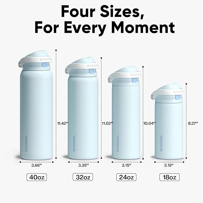 ENCOOL Leakproof Insulated Water Bottle with Straw Dual-Sip Water Bottle Bag-Safe Design for Work, Commute & Gym – Keeps Drinks Cold All Day, 32 oz, Frost Blue
