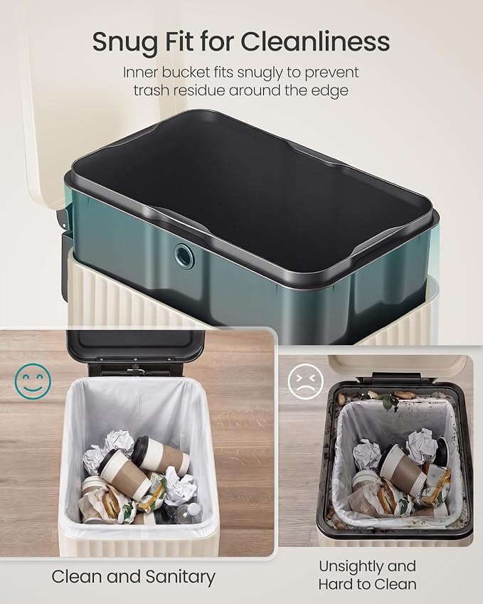 SONGMICS Trash Can, 13 Gallon (50 L) Slim Garbage Can for Kitchen, with Soft-Close Lid, Pedal, Removable Inner Bucket, Stainless Steel, 15 Trash Bags, Space-Saving, Cream White ULTB350LZ01