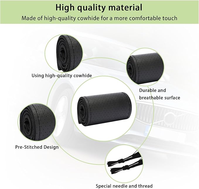 Kewucn Genuine Leather Steering Wheel Cover, 15" Universal Car Steering Wheel Protector with Needle Thread, Breathable Anti-Slip Steering Wheel Cover DIY Stitch on Wrap (Black, Full Hole)