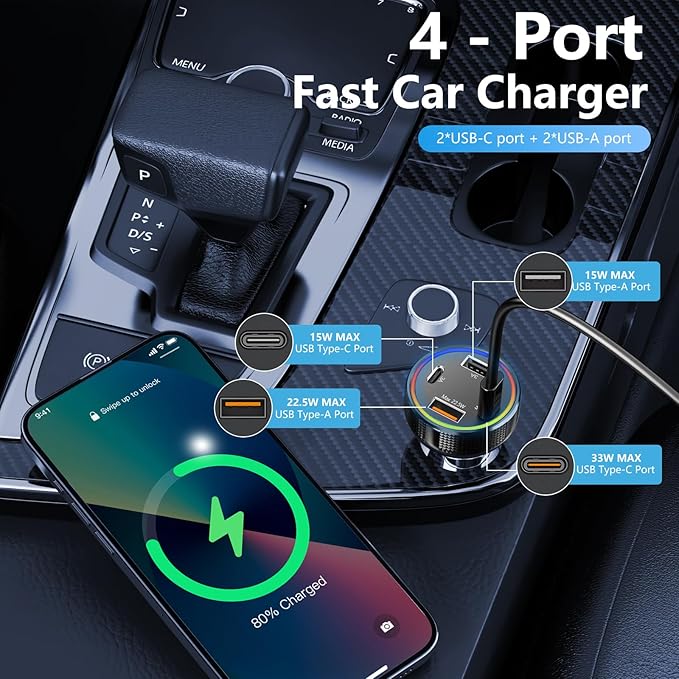 [2 Pack] Retractable Car Charger USB C 78W & 85.5W 4 in 1 Fast Car Charger, 4 Ports Cigarette Lighter Adapter with Retractable Cables, Compatible with iPhone 16/15/14/13/12/11, Galaxy, Pixel,