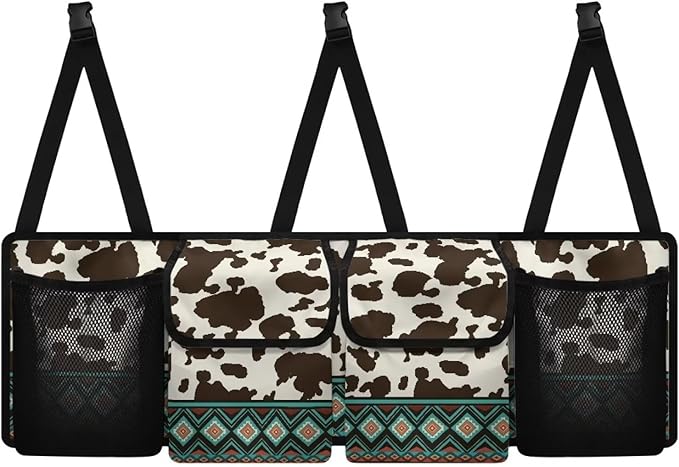 SEANATIVE Cow Ethnic Tribal Back Seat Trunk Organizer Hanging Car Organizer Trunk Foldable Cargo Storage with 4 Large Pockets 3 Adjustable Straps Car Interior Accessories 37.01x11.81inch