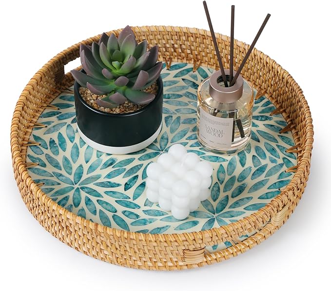 YANGQIHOME Round Rattan Tray with Handle, Mother of Pearl Inlay Decorative Wicker Basket for Coffee, Bread, Fruits, Serving Tray for Home Decor, Blue Flower