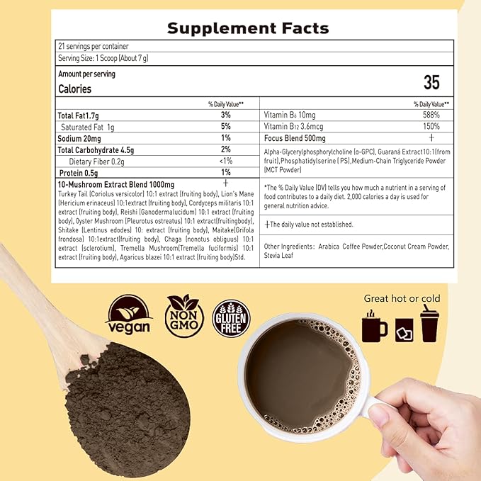 Mushroom Coffee with Focus, 10 Mushroom Extract Powder Blend Lion's Mane, Brain Supplements with Instant Coffee for Energy, Focus, Memory and Immunity 147g 21 Serving