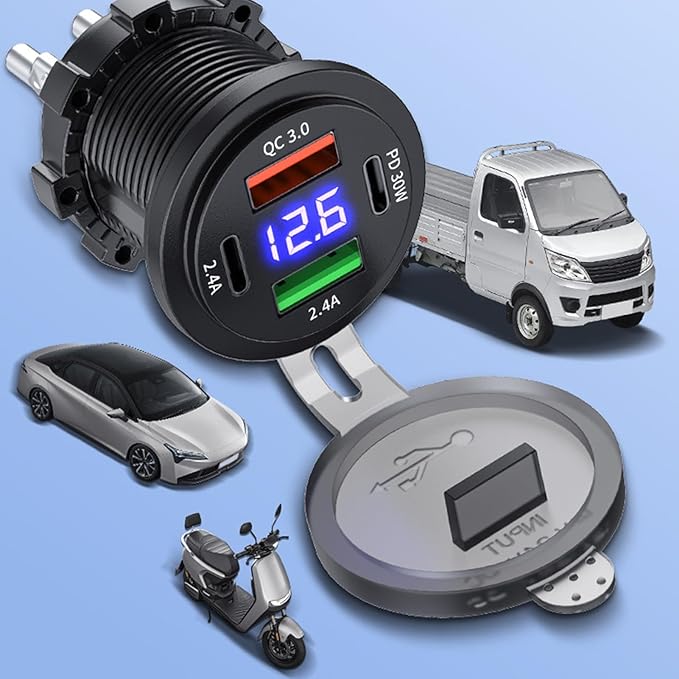 USB Car Charger - Fast PD+QC3.0 Charging Station, Digital Display Monitor Design, USB-A + ÚSB-C Ports + 60W Output Power Spec, ABS PVC -Grade Construction - for Cars, Trucks & Motorcycles