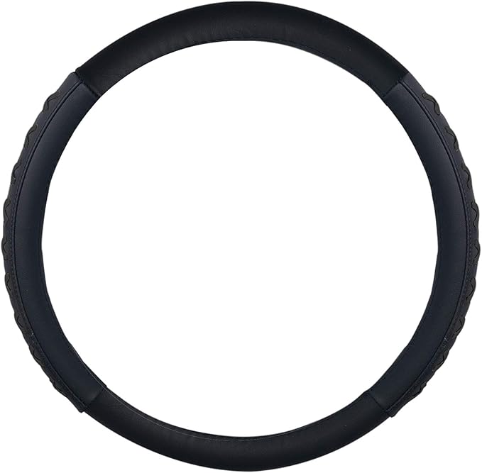 FH Group Universal Fit 15 Inch Genuine Leather with Lace-Up Detailing Steering Wheel Cover fits Most Cars, SUVs Black
