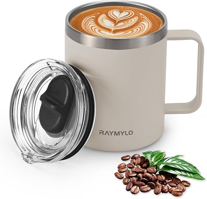 Insulated Coffee Mug 12 oz, Double Wall Stainless Steel Coffee Mug with Lids, Leak-Proof & Detachable Slider Lid for Thorough Clean, Keeps Coffee Cold for 9 Hrs, Suitable for Camp Home Office
