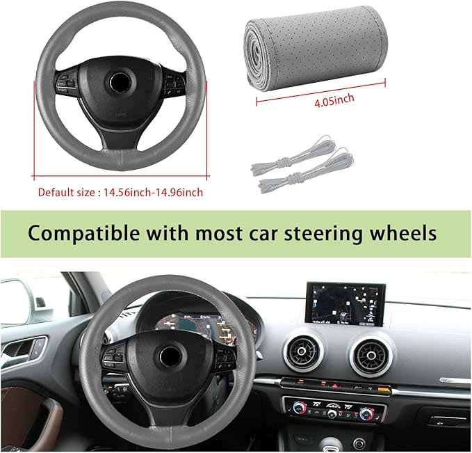Kewucn Genuine Leather Steering Wheel Cover, 15" Universal Car Steering Wheel Protector with Needle Thread, Breathable Anti-Slip Steering Wheel Cover DIY Stitch on Wrap (Gray, Full Hole)