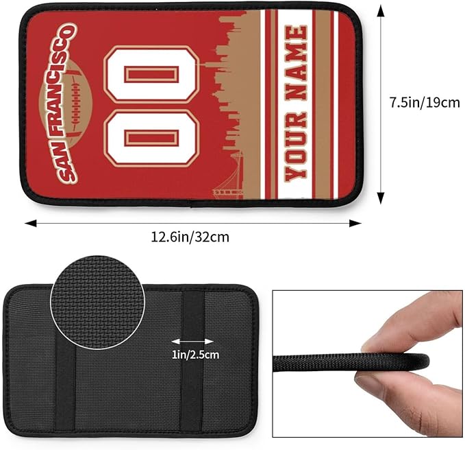 Custom San Francisco Car Armrest Covers Personalized Football Style with Name Number Customized Auto Center Console Pad Car Handrail Box Cushion for Most Vehicle Decor Accessories, Fans Gift