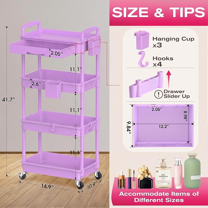Goovilla Rolling Makeup Organizer Cart with Removable Drawer, 4 Tier Stable Purple Floor Skincare Storage Cart for Vanity, Cosmetic Display, Nail Polish, Perfume, Hair Stuff, Beauty, Bathroom(Plastic)