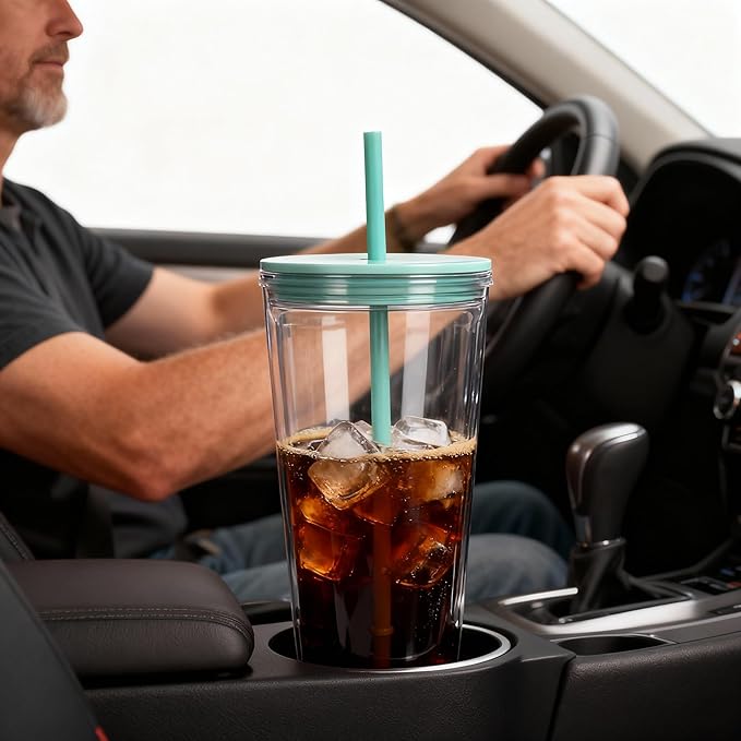 24oz Tumbler with Lid and Straw, Leak Proof and Double Wall Insulated Reusable Plastic Cups,Travel Reusable Iced Coffee Cup (1, Cyan)