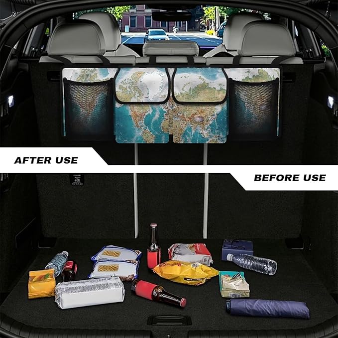 World Map Car Trunk Organizer Backseat Hanging Organizer with Pockets, Super Capacity Storage Solution Decoration for SUVs, Trucks, Vans, and Cars