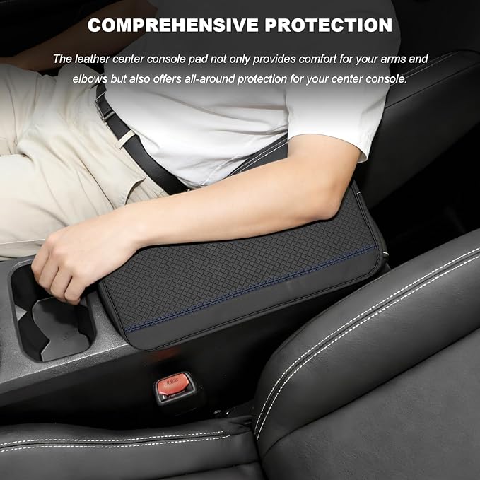 Car Armrest Storage Box Mat, Leather Embossing Auto Center Console Cushion Protective Pad, Anti-Scratch Waterproof Armrest Seat Box Protector for Most Cars Trucks SUVs (Black & Blue)