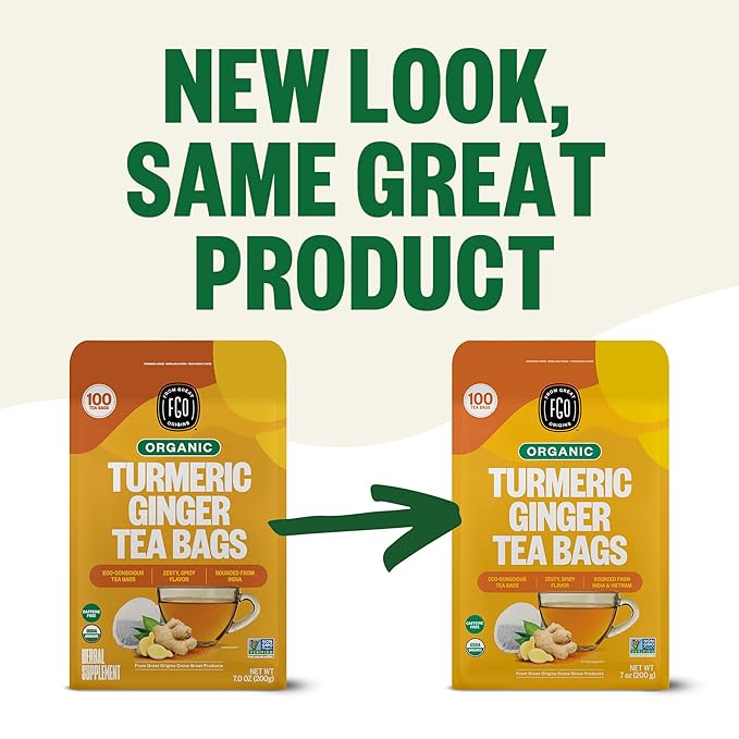 FGO Organic Turmeric Ginger Tea, Eco-Conscious Tea Bags, 100 Count, Packaging May Vary (Pack of 1)
