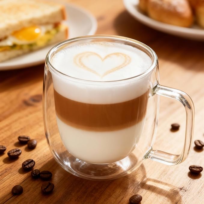 14oz Double Walled Glass Coffee Mugs, Insulated Clear Glass Cups with Handle for Latte, Cappuccino, Tea, Set of 2