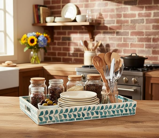 PEMAR Rectangular Mother of Pearl Serving Tray Nacre Wood Lap Ottoman Tray for Coffee Table, Luxury Decorative Handmade Eating Platters w Insert Handles (Teal Floral Pattern)