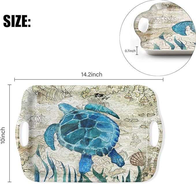 Serving Tray Decorative Tray with Handles Multi-Purpose Rectangular Serving Trays for Restaurant, Parties, Coffee Table, Kitchen - Retro Turtle