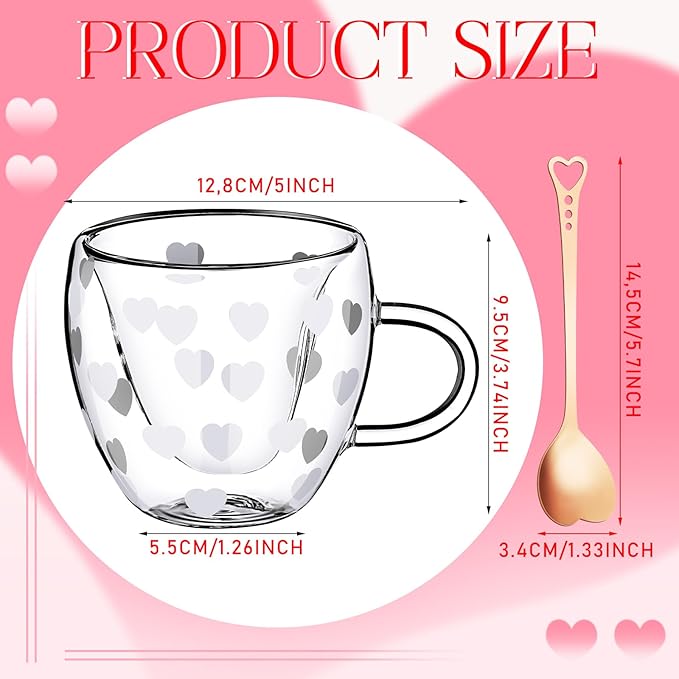 4 Pcs 24oz Valentine's Day Heart Shaped Mug Gift Heart Double Wall Insulated Glass Coffee Mug Cup with Handle Spoon Clear Tea Cups for Wedding Woman Birthday Girlfriend Gift