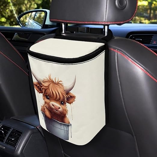 Cute Highland Cow Car Trash Can Easy Installation Multipurpose Trash Bin for Cars Leak Proof Car Trash Bag Hanging Automotive Accessories Universal Fit for Most Cars,SUV,Sedans