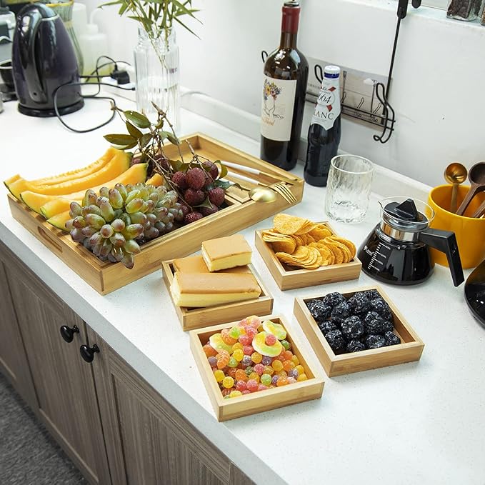 Wooden Serving Trays with Handle - Set of 7 - Large, Medium, Small and Mini - Nesting Multipurpose Trays - for Breakfast, Coffee Table/Butler & More - Light & Sturdy Wood Tray