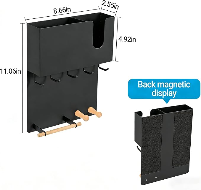 Magnetic Key Holder & Umbrella Holder for Wall, Multi-Functional Entryway Shelf for Tissues. Sturdy Hooks for Keys, Bags. Space Saving Organizer for Apartment, Dorm Room (Black)