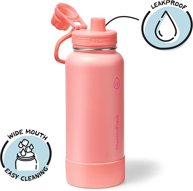 ThermoFlask 32 oz Double Wall Vacuum Insulated Stainless Steel Water Bottle with Spout Lid, Sunkissed Coral