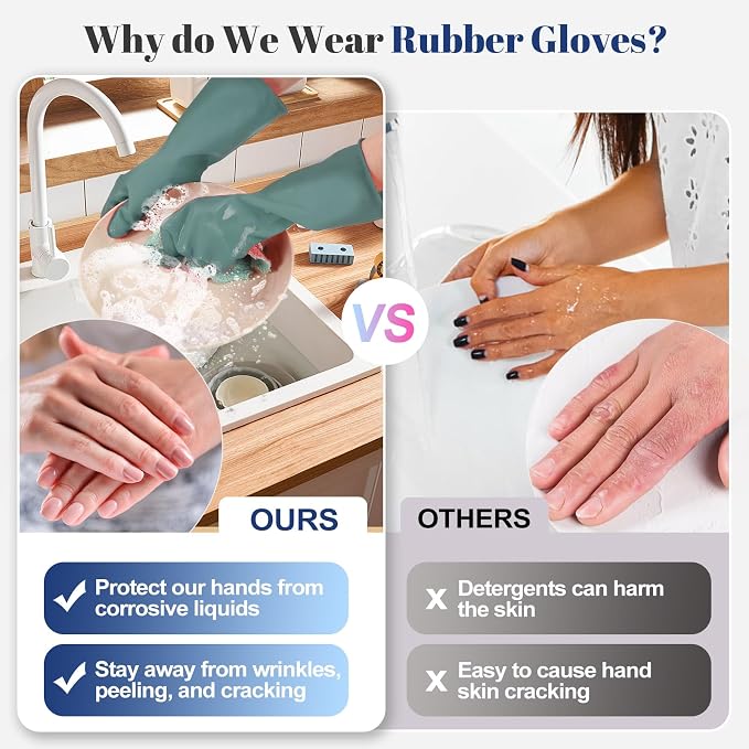 Rubber Kitchen Dishwashing Gloves - 4 Pairs Colorful Reusable Household Cleaning Gloves For Washing Dishes And Cleaning Tasks，Flexible And Durable Waterproof (Medium, Dark Green+Blue+Green+Gray)