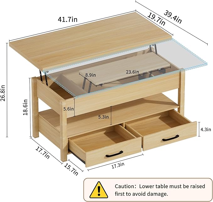 42'' Lift Top Coffee Table, 4-in-1 Multifunctional Lift Coffee Table with Storage & Hidden Compartments, Farmhouse Coffe Table with Lifting top for Living Room, Dining Reception Room, Wood