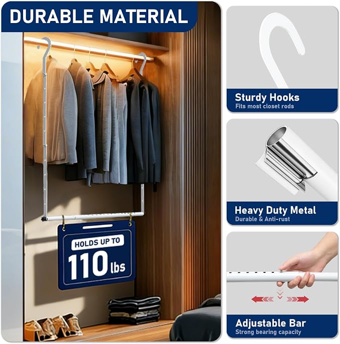 Hanging Closet Rod Extenders, Adjustable Width and Height Closet Extender Hanging Rod, Space-Saving Closet Hanging Rod, Heavy Duty Closet Bar for Hanging Clothes, 1 Pack White