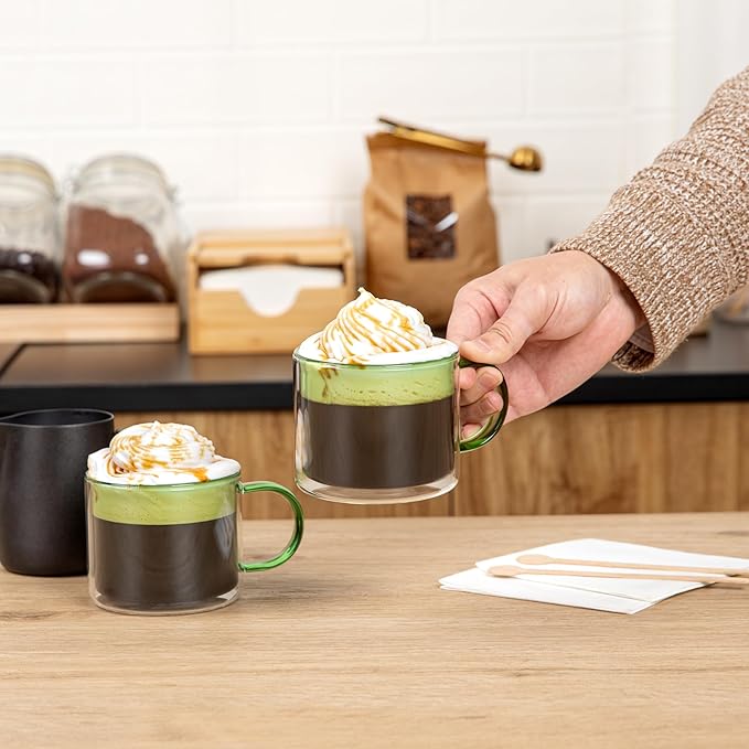 Restaurantware Coffee Cups 12 Pack of 11 oz Double Wall Glass Insulated Coffee Cup Borosilicate Mug Thermal Shock Resistant Handle Modern Design