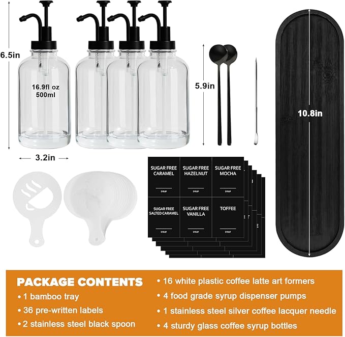 Coffee Bar Accessories, Glass Syrup Dispenser with Pump, 16.9 fl oz/500ml Syrup Bottles for Coffee Bar Organizer, Labels, Spoons,4 Pack