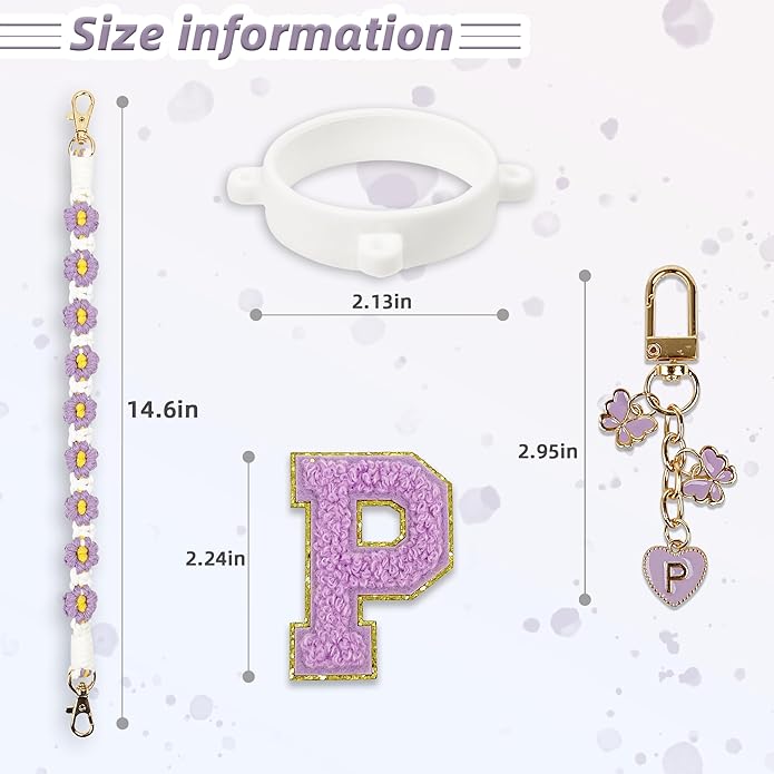 Compatible with Owala Water Bottle Accessories, Cute Letter Charm Set with Boho Handle Strap, Monogram Sticker, Silicone Ring, Keychain Decoration, for FreeSip 24 32 40oz, Owala Kids, Tumbler Gift