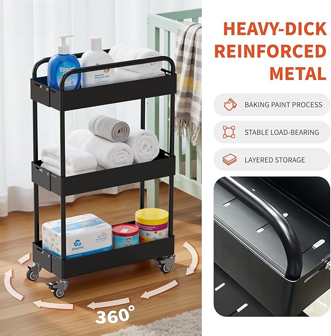 HOTEAGLE 3-Tier Rolling Cart Metal Expandable Utility Carts with Wheels, Ideal Storage Organizer for Livingroom, Bedroom, Kitchen and Bathroom, Black