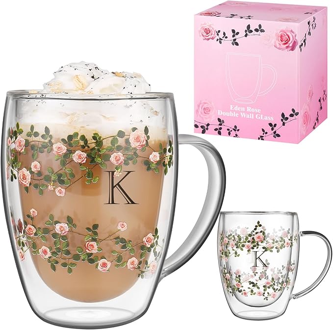 Initial Glass Cup for Women, 12oz Rose Double Walled Glass Coffee Mugs, Personalized Gifts for Women, Initial Coffee Tea Mug with Scarf, Birthday Gifts for Her Mom Friend (ROSE-K)