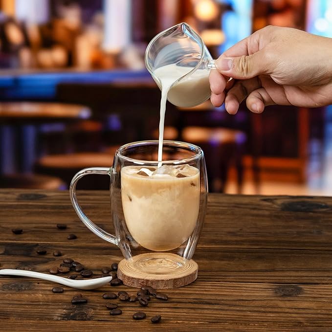 Double walled glass coffee mugs, Glass Coffee Mugs Set Of 2, Glass Coffee Cups with Handles, 12OZ, Suitable for Cappuccino, Latte, Espresso, Hot Drinks, Cold Drinks