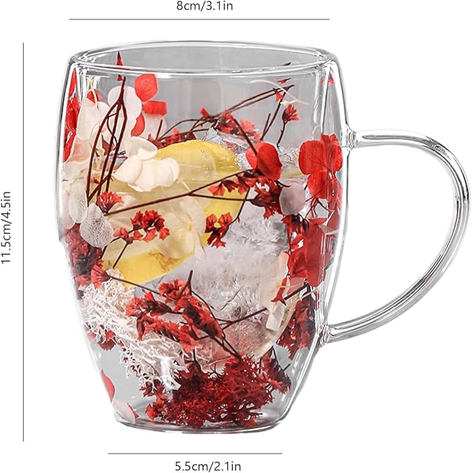 Flower Glass Double Wall Glass - 350ml Aesthetic Dried Flowers Double Wall Glass Coffee Mugs | Clear Glass Cups With Handle,Anti-Scalding Coffee Cups For Hot Beverages,Tea Or Coffee