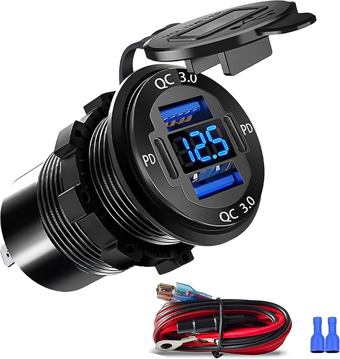 Upgraded 12V USB Charger with 4 Ports - Aluminum Alloy Car Outlet with LED Voltmeter for Cars, Golf Carts, Boats, RVs, Trucks, and Motorcycles (Pack of 1)