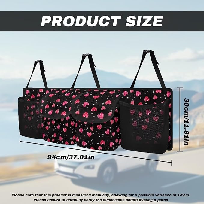 Car Trunk Organizer, Valentine'S Day Love Heart Backseat Storage Bag with 4 Pockets, Waterproof Large Capacity Hanging Collapsible Bag for Most Vehicles, Universal Car Accessories