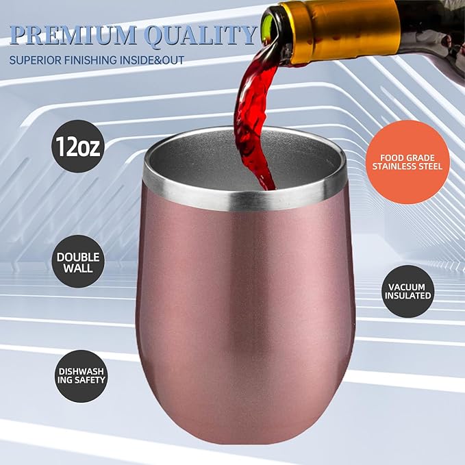 12oz Wine Tumbler with lid, Stainless Steel Travel Mugs Stemless Double Wall Insulated Coffee Cup, Insulated Wine Glasses Travel Tumbler for Cold & Hot Drinks(Rose Gold, 1)