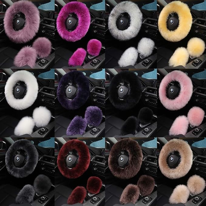 3Pcs Set Fashion Fluffy Fuzzy Wool Fur Soft Car Steering Wheel Cover with Handbrake Cover & Gear Shift Cover for Women/Girls/Ladies Auto Long Wool Accessories