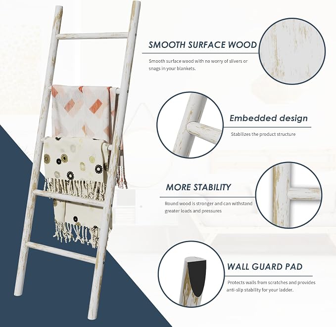 Delywh Wooden Blanket Ladder, 4.8ft Throw Blanket Holder for Living Room, Bedroom, Rustic Decorative Quilt Towel Rack Stand Ladders, Farmhouse Wood Ladder Home Decor for Blankets Display