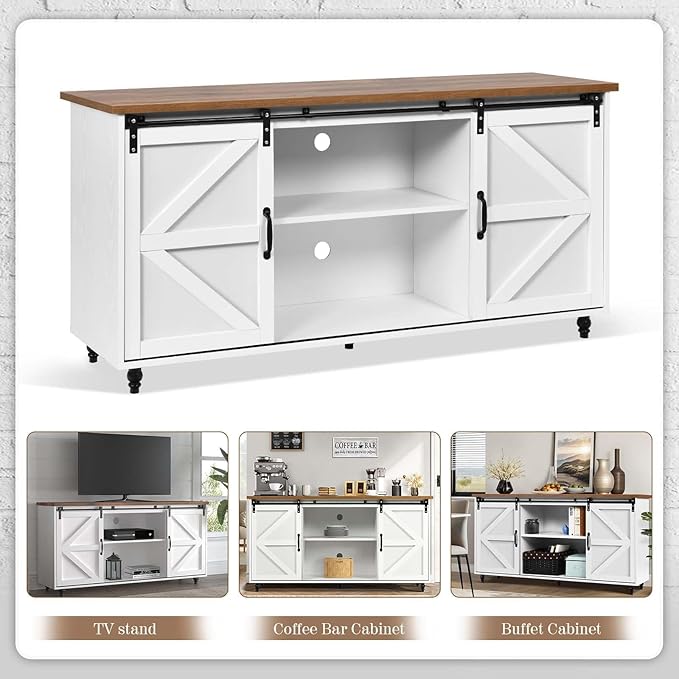4ever2buy Farmhouse Coffee Bar Cabinet with Storage, 58'' Sideboard Buffet Cabinet with Sliding Barn Door, White Coffee Bar with Gourd Feet, Farmhouse Cabinet for Living Room