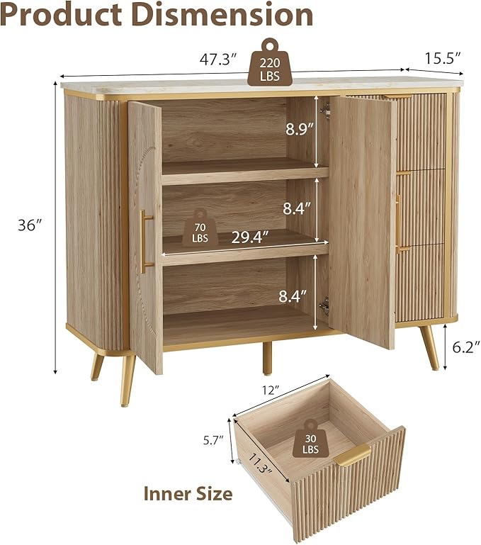 47.3" Modern Buffet Cabinet with Storage, Kitchen Sideboard Buffet with 2 Door & 3 Drawers, Fluted Caffee Bar Storage Cabinet for Dining Room, Living Room, Entryway, Natural Oak