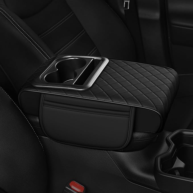 Center Console Cover for Encore: Armrest Cover for Car with 2 Storage Bags - Waterproof Leather Center Console Cover with Cup Holder for Car,Anti-Scratch Auto Armrest Pad Accessory （Black