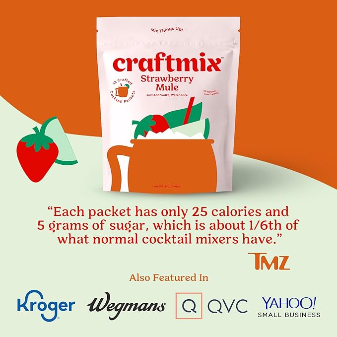Craftmix Strawberry Mule Cocktail & Mocktail Drink Mixer, Skinny Mixes - Water Flavoring Packets - Made With Real Fruit - Vegan, Low-Carb, Low-Sugar, Non-GMO, Dairy Free, Gluten Free, 12 Pack