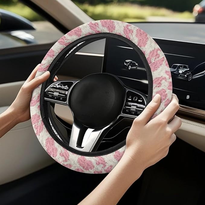 Universal Non-Slip Steering Wheel Cover, 15-inch Polyester Material Driving Accessories, Adjustable for Car and Truck(Blush Pink Furry Leopard)