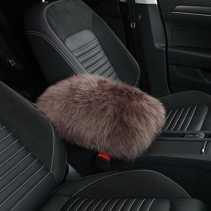 Wool Car Center Console Cover,Universal Fluffy Sheepskin Car Armrest Pad,Car Interior Accessory for Women Men,Armrest Cover Protector for Cars,Vehicles,SUV Mocha